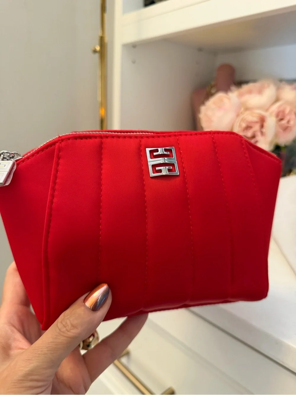 Red Quilted givenchy perfumes nwot Cosmetic zipper Pouch with Silver Logo